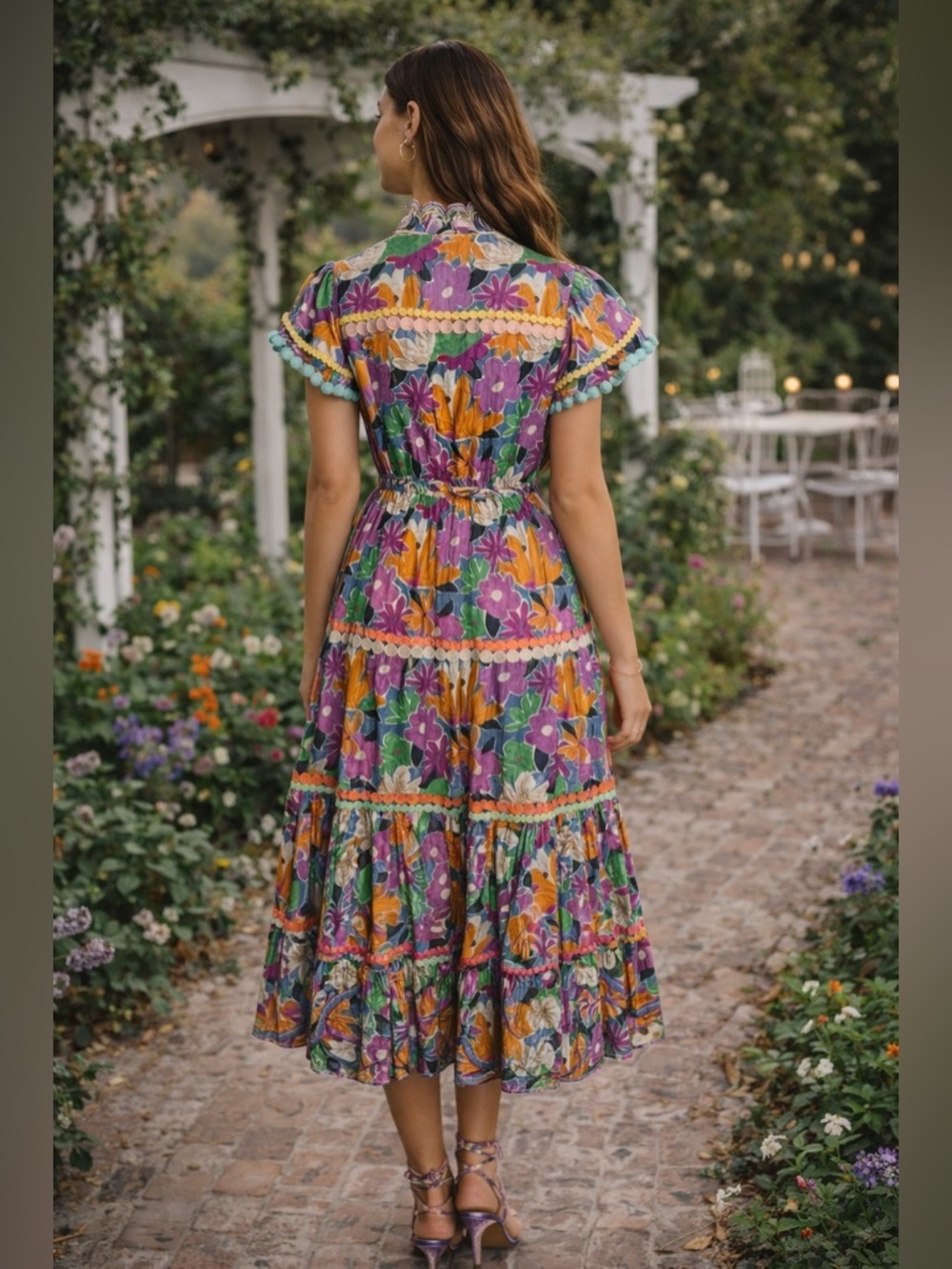 CeliaB Aneeta Floral Tiered Midi Dress XS Colorful Resort Garden Party Boho - Picture 2 of 7